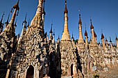 Rows of stupas in the Kakku (Kekku) Pagoda complex. The complex was kept hidden from the rest of the world until 2002 when it was opened to foreigners. Shan State, Burma (Myanmar). 